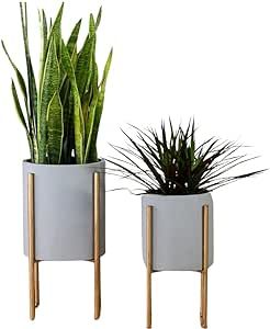 Mid Century Planter with Metal Stand – 23 Inch Plant Pot, Set of 2, Indoor Plant Stand for Home Decor – Gray