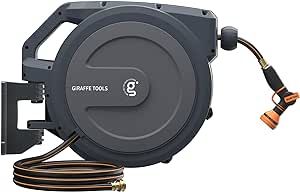 Giraffe Tools AW30 1/2MB Retractable Garden Hose Reel 1/2" x 100 ft PRO Metal Bracket, Heavy Duty, Any Length Lock Hose Reel, 100ft, Dark Grey
