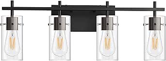 4-Light Black Bathroom Vanity Light Fixtures, Brushed Luxury Wall Sconce Lighting with Glass Shade,Porch Wall Lamp for Bathroom, Living Room, Bedroom, Hallway