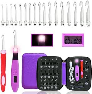 17 Sizes Digital Crochet Hooks with Counter 2.50~14.0mm, Lighted Crochet Hooks for Stitch & Row Counting