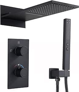 Thermostatic Shower System Matte Black,3 Functions Complete Shower Faucet Set with 22x9 Inches Ultra-thin Rainfall Shower Head,Brass Luxury Rain Shower System with 2 Modes Handheld Shower