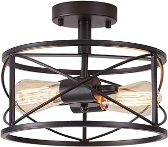 Black Semi Flush Ceiling Light Fixture, 2-Light Farmhouse Flush Mount Light Fixtures, Modern Industrial Metal Cage Pendant Lighting for Hallway, Bedroom, Kitchen, Foyer, Living Room, Dining Room