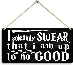 I Solemnly Swear I'm Up To No Good Sign, Gothic Magic Gifts Hanging Wall Plaque Signs for Kids Room Decor, Wizardry Sign for Front Door, Funny Magic Home House Bedroom Decor Sign 12 X 6 In