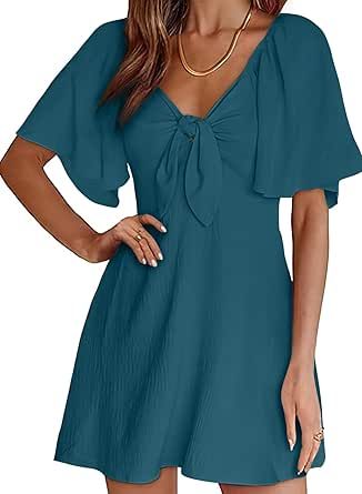 Dokotoo Womens Dresses 2024 Spring Summer Deep V Neck Elegant Bow tie Mini Dress S-XL