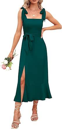 Women's 2024 Elegant Bridesmaid Dress Square Neck Ruffle Split Summer Wedding Guest Cocktail Party Midi Dresses