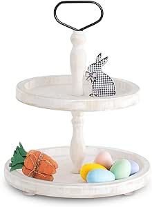 Mustry Rustic Wooden 2 Tiered Tray, Round Farmhouse Kitchen Table Decor Serving Tier Tray, Food Fruits Cupcake Display Coffee Bar Home Party Seasonal Decorations (White)