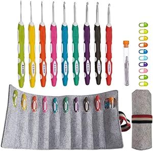 Ergonomic Crochet Hooks with Roll Felt Bag, Crochet Hooks Set for Arthritic Hands, Size from B to J