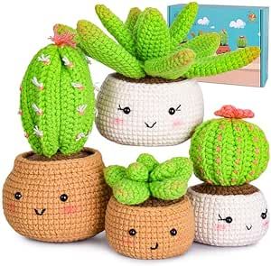 Crochet Kit for Beginners - Crochet Starter Kit with Step-by-Step Video Tutorials, Learn to Crochet Kits for Adults and Kids, DIY Knitting Supplies, 4 Pack Plants Family(40%+ Yarn)