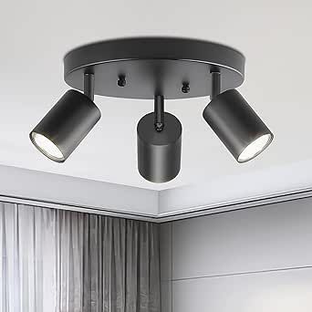 3-Light Ceiling Spotlight Fixture, Adjustable Round Spot Lights GU10 Flush Mount Track Fixture Wall Lamp Directional for Kitchen, Bedroom, Office, Picture Wall, Hallway, Bar