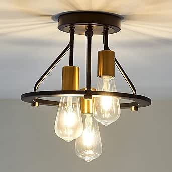 Industrial Semi Flush Mount Ceiling Light Fixture 3-Light Matte Black and Gold Chandelier E26 Farmhouse Ceiling Lamp for Entryway Hallway Bedroom Passway Balcony