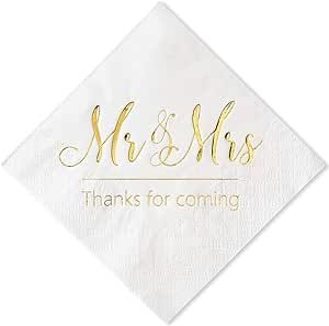 Crisky Napkins Mr and Mrs Gold Cocktail Beverage Dessert for Wedding Shower Engagement Party Decorations, Cake Table Decor Supplies. 100 Pcs, 3-Ply