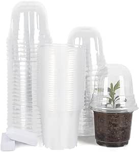 JERIA 30-Pack 4 Inch Clear Nursery Pots with Humidity Domes, Flower Plant Container,Planting Plastic Seedling Pots, Seed Starter Pots Flower Pots Come with 50pcs Plant Labels