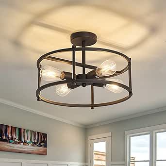 Industrial Semi Flush Mount Ceiling Light,4 Light Rustic Metal Ceiling Light Fixture,Black Farmhouse Chandelier for Kitchen Island Dining Room Hallway Entryway Bedroom Living Room.