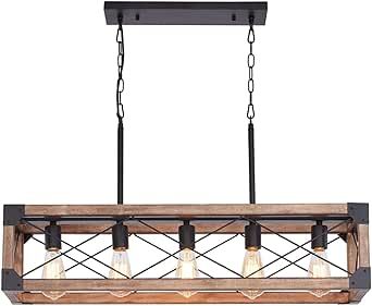 Farmhouse Kitchen Island Lighting, 5-Light Dining Room Light Fixture, Farmhouse Linear Chandelier with Solid Wood for Dining Room Kitchen Bar Pool Table