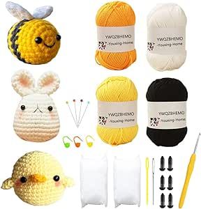 3 Pattern Crochet Kits - Crochet 3 Different Patterns Sets for Beginners/ Experts - Rabbit, Chicken, Bee for Adult Starters, Kids, Includes Enough Yarns, Hook, Accessories