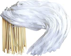 100 Pieces Lace Wedding Ribbon Wands with Triple Ribbon and Silver Bell Wand Silk Fairy Stick Wand Streamers Party Ribbon Sticks Magic Fairy Wands for Wedding Bridal Shower Photo Prop Send
