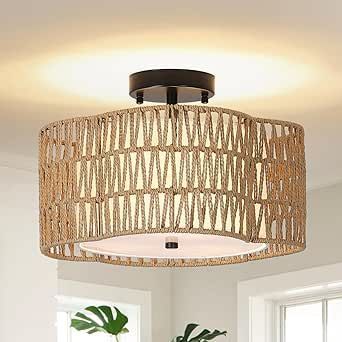 Farmhouse Flush Mount Ceiling Light Fixture, 3-Light Rattan Bedroom Ceiling Light, Hand Woven Chandelier Ceiling Lamp, Boho Light Fixtures Ceiling Mount for Kitchen Dining Room Living Room Hall Entry