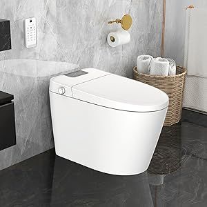 Smart Toilet, One Piece Tankless Bidet Toilet with Auto Flush Auto Open & Close Lid Foot Sensor Heated Seat Warm Water Sprayer & Dryer LED Nightlight, Remote and Knob Control, T162A, White