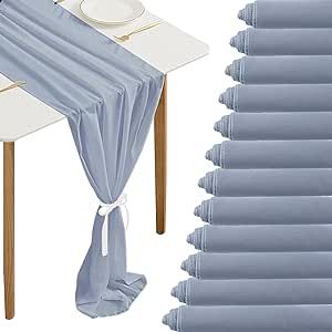12 Packs Dusty Blue 10Ft Chiffon Table Runner 27 x 120 Inches Sheer Chiffon Table Runner Romantic Boho Rustic Wedding Table Runner for Wedding Birthday Party Decor Bridal Baby Shower Table Decoration
