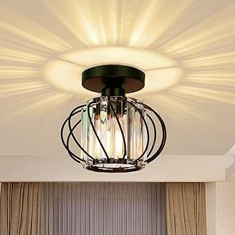 FRIDEKO HOME Industrial Semi Flush Mount Mini Crystal Ceiling Light Fixture Modern, E26 Small Chandelier for Hallway Porch Entryway Foyer Bathroom,Black