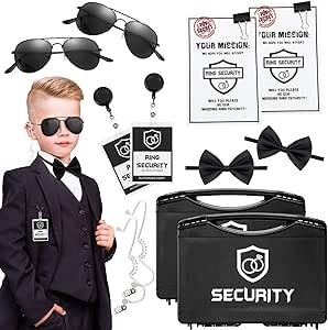 14 Pcs Ring Wedding Security Set Include Ring Bearer Box ID Badge Holder Ring Bearer Sunglass Acoustic Earpiece Tube Mission Card with Binder Clip Bow Tie for Kids (Classic Style) Black