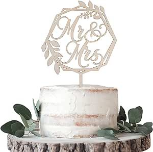 ZHUOWEISM 1 PCS Mr & Mrs Cake Topper Wooden Leaves Wreath Wedding Engagement Cake Picks Bridal Shower Theme Birthday Party Cake Decorations Supplies