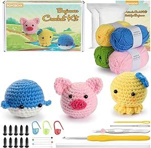 4PCS Animals Beginners Crochet Kits - Frog, Pig, Whale, Octopus Crochet Set for Starters Adult Kids with Step-by-Step Video Tutorials and Enough Yarns, Hook, Accessories