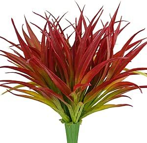 6Pcs Artificial Grass Fake Plants 17.3in Outdoor Plants UV Resistant Greenery Stems Fake Grasses for Home Window Garden Office Patio Pathway Front Porch Decor Light Green & Red