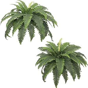 Artificial Ferns for Outdoors, Set of 2 Bouquets 33" Diam Large Fake Ferns 37 Fronds Faux Boston Fern Bush Plant for Indoors Home Garden Porch Windowsill Entrance Farmhouse Decor