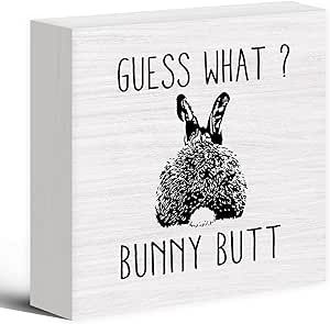 Easter Decorations Guess What Bunny Butt Wood Box Sign Desk Decor, Funny Bunny Farmhouse Wooden Block Sign Decorations for Home Office Girls Room Wall Tabletop Shelf Decor, Bunny Lovers Gifts