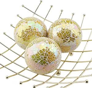 Decorative Balls 3Pcs Set Mosaic Glass Orbs 8.5cm/3.35inch Gold Sphere Christmas Home Decor Table Centerpiece