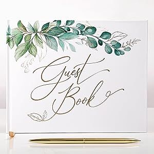 Gold Foil Greenery Wedding Guest Book 7 x 9 inches | Pen & Table Sign Included | Resgistry Sign in Book for Wedding, Bridal Shower, Baby Shower, Graduation, Birthday, Funeral, Anniversary or Reception