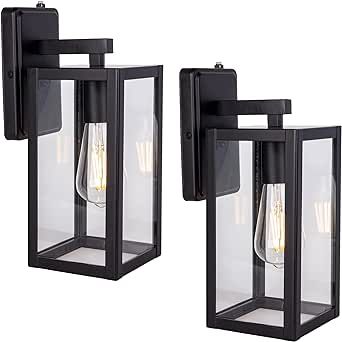 LIT-PaTH Dusk to Dawn Outdoor Wall Lantern, Wall Sconce as Porch Lighting Fixture, E26 Medium Base Max 60W, Metal Housing with Glass Shade, Black, 2-Pack