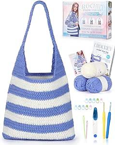 Katech Crochet Kit for Beginners, Striped Tote Bag Crochet Set Includes Crochet Yarn Crochet Hooks,Complete Crochet Step-by-Step Guide Needles Accessories Adults Kids Crochet Starter Kit Crochet Gift