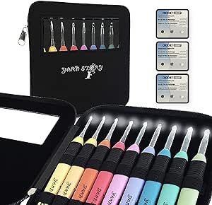 Yarn Story™ Lighted Crochet Hooks Complete Set 9/pkg - 9 pcs Light up Crochet Hook Set w/ 9 Extra Batteries – Crochet Lite Hooks – LED Crochet Hooks for Arthritic Hands Sizes 2.5 to 6.5mm (Black)
