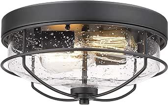 HWH INVESTMENT Flush Mount Ceiling Light Fixtures, 12 inch 2-Light Farmhouse Close to Ceiling Light Fixture with Seeded Glass Shade, Sand Black Finish, 5HTJ7-F BK