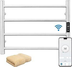 Smart WiFi Towel Warmer Wall Mounted with Built-in Timer and Temperature Adjust Control, 4 Bars Electric Stainless Steel Heated Towel Racks for Bathroom Brushed Nickel