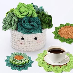 Crochet Kit for Beginners - 6pcs Coasters in a Plant Pot Crochet Start Kit, Complete Beginner Crochet Kit with Crochet Hooks, Yarn, Clear Video Tutorials for Adult Beginners