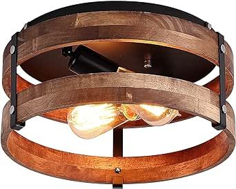 2-Light Rustic Flush Mount Light Fixture Oak Wood Round Drum Semi Flush Mount Ceiling Light for Hallway Bedroom Kitchen Entryway Farmhouse, Black