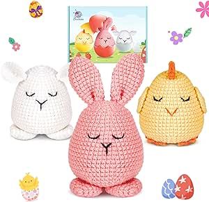 Crochet Kit for Beginners, Crochet Starter Kit with Step-by-Step Video Tutorials, Amigurumi Crochet DIY Knitting Supplies for Adults Kids, Easter Animals Bunny/Chick/Sheep(40%+ Yarn)
