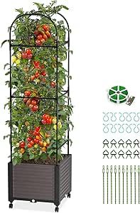 DoCred Raised Garden Bed Planter Box with Wheels, Tomato Cage Planter Raised Garden Bed with Trellis for Climbing Vegetables Plants Tomato Cage, Indoor Outdoor Use