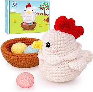 Crochet Kit for Beginners, Crochet Starter Kit with Step-by-Step Video Tutorials, Crochet DIY Knitting Supplies for Adults Kids, Cute Hen Chicken with Eggs Crocheting Set(40%+ Yarn)