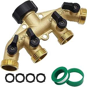 Twinkle Star 4 Way Heavy Duty Brass Garden Hose Splitter, Hose Connector 3/4", Hose Spigot Adapter with 4 Valves