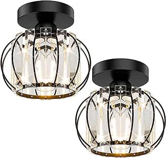 2-Pack Semi Flush Mount Ceiling Light Fixtures Small Crystal Farmhouse Black Metal Cage Indoor Industrial Ceiling Lights for Living Room Hallway Bathroom Entryway Kitchen