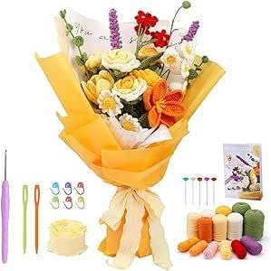 Crochet Kit for Beginners, Rose Flowers Bouquet Crochet Kit, Knitting Starter Kit with Crochet Yarn and Step-by-Step Instructions for Birthday, Wedding Anniversary Day Gifts