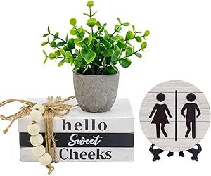 Bathroom Shelf Decor Signs, Book Stack and 3D Round Signs With Fake Plants, Funny Hello Sweet Cheeks Wooden Rustic Decor for Restroom Shelf Guest Bathroom