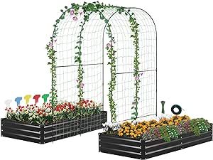 DTIG Galvanized Raised Garden Bed for Vegetables Flowers Herbs, Metal Raised Garden Bed Kit with Trellis, Plant Labels, Plant Ties, Black 6?3?1FT 2PCS