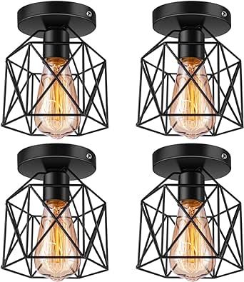 Licperron Semi Flush Mount Ceiling Light, E26 E27 Retro Black Industrial Ceiling Light Fixtures for Porch Hallway Kitchen Farmhouse Light Fixtures, 4 Pack, UL Approval