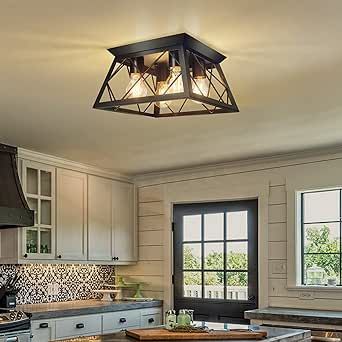 FadimiKoo 4-Light Black Flush Mount Ceiling Light for Kitchen Hallway, Industrial Close to Ceiling Lighting, Farmhouse Square Cage Ceiling Lamp for Dining Room, Living Room, Bulb Not Included