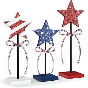 4th of July Tiered Tray Decor Wooden Star Set, 3 Pcs Memorial Day Table Decorations, Rustic Patriotic Tabletop Home Decor, Red White and Blue Decorations for Home (Shiny)